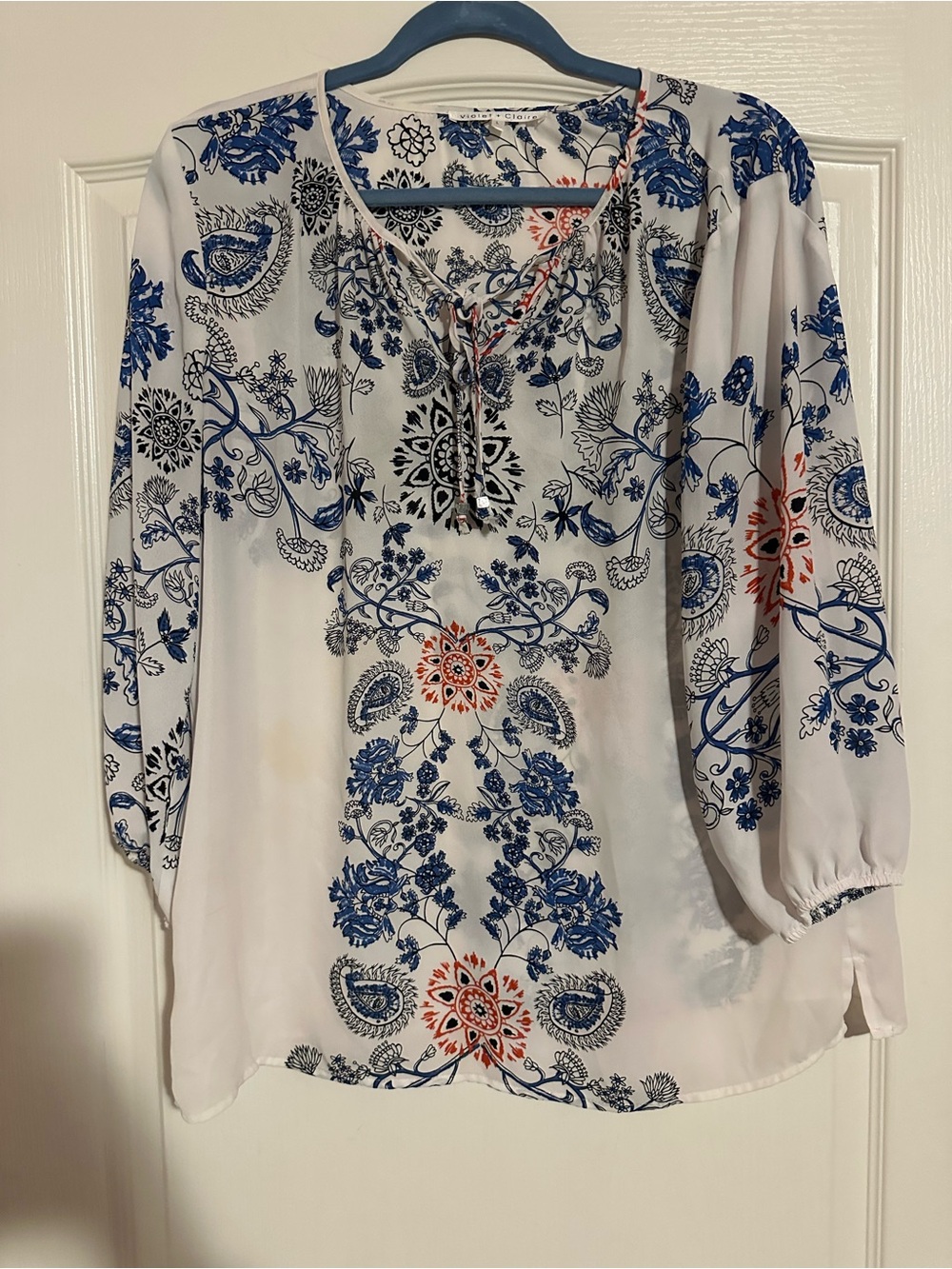 Violet + Claire Boho Paisley Peasant Blouse Tie Neck Tassel Semi-Sheer Size L